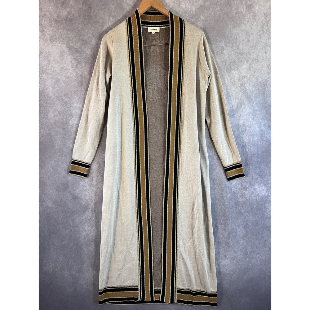 L'AGENCE Duster Cardigan Women XS Beige Je T'aime Leopard Metallic Trim Longline